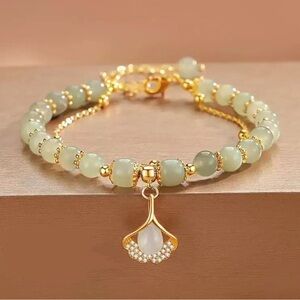 Elegant Ginkgo Leaf Bracelet - crystal stone green and gold beaded bracelet
